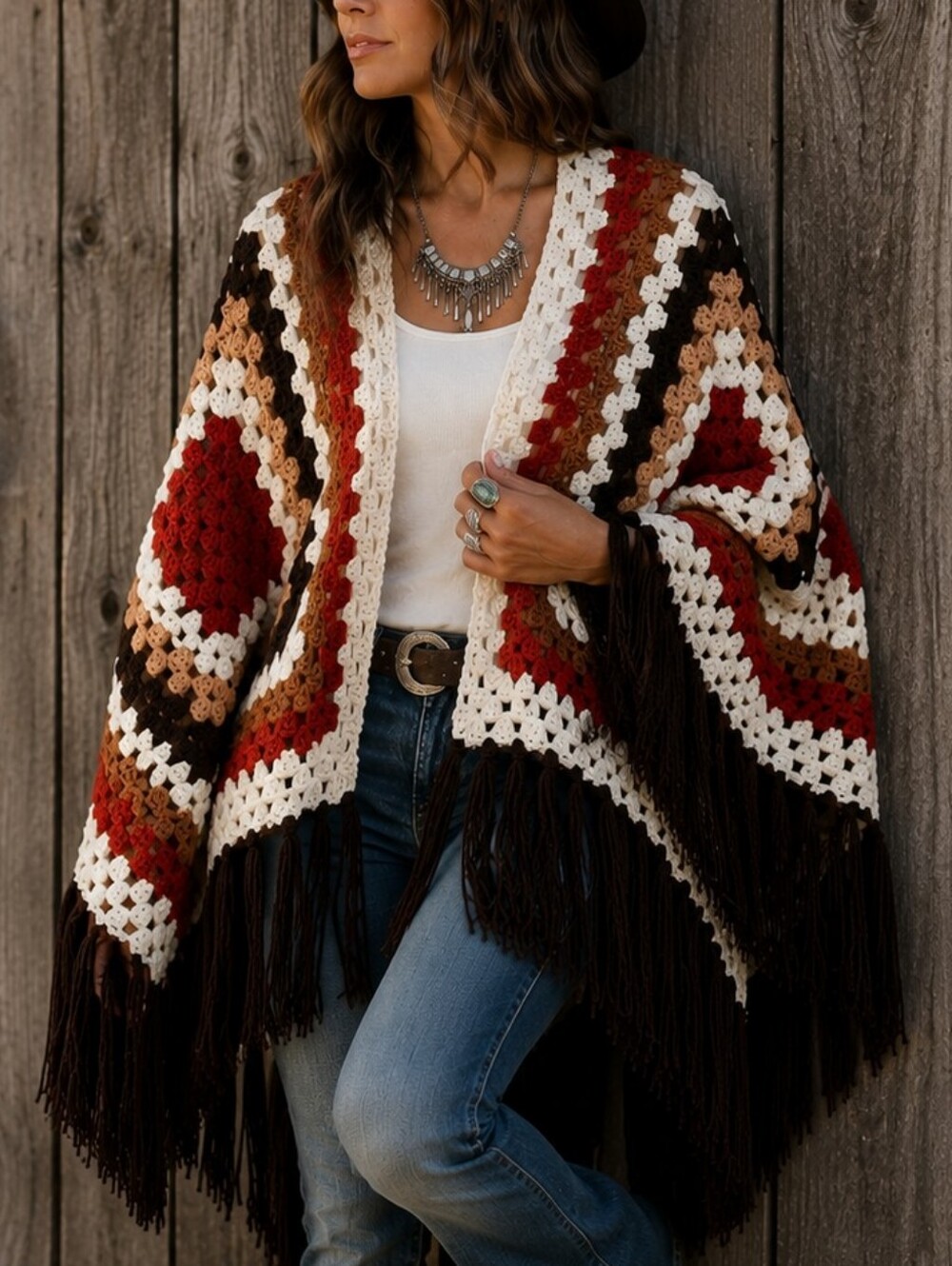 Western Boho Red Canyon Fireside Ruana Crochet by Tribal Bae
